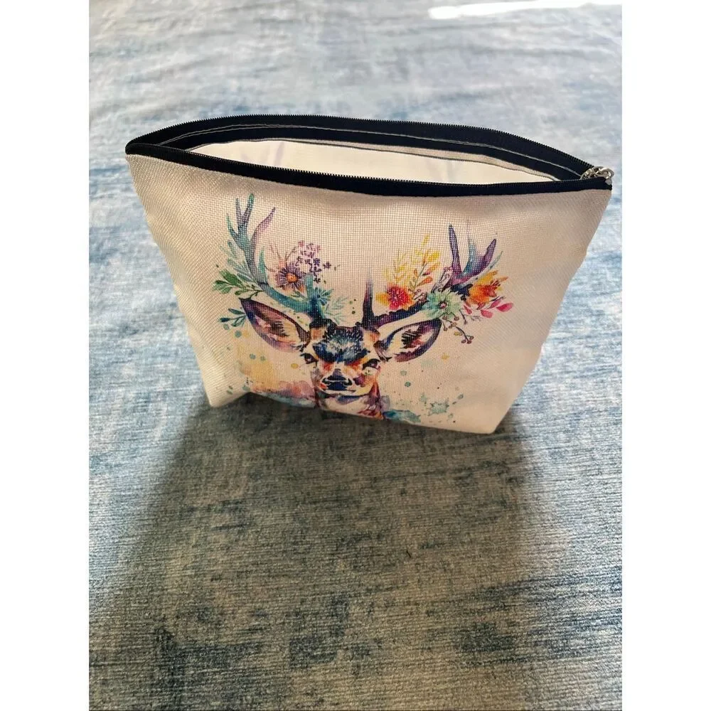Colorful Watercolor Buck Cotton Canvas Small Makeup Bag Travel Toiletry Pouch